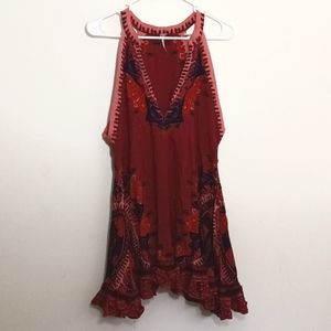 Free People Red Burgundy Bohemian Mini Dress Deep V-neck Size Large
